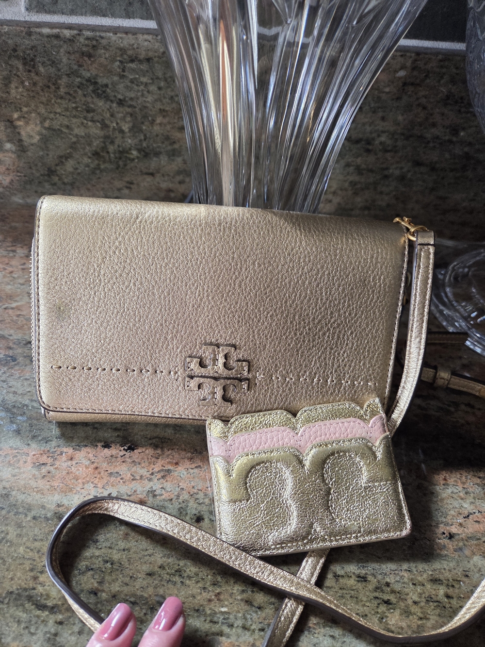 Tory Burch Metallic Gold Crossbody Wallet with Card Holder
